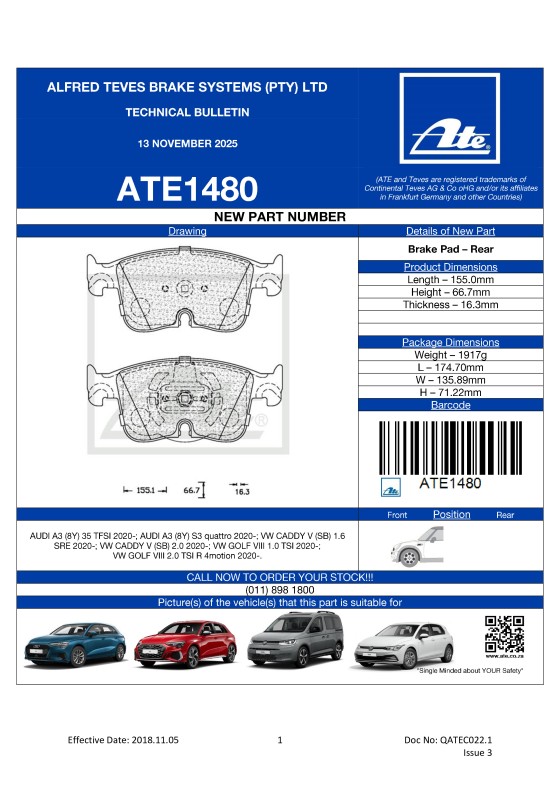 ATE1480 NEW! Brake Pad for AUDI A3; VW CADDY V; VW GOLF VIII 2020-. featured image